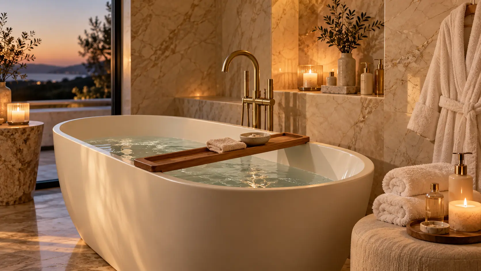 Luxury spa bathroom with an ivory bathtub, brass fixtures, plush towels, skincare bottles, and soft candlelight.