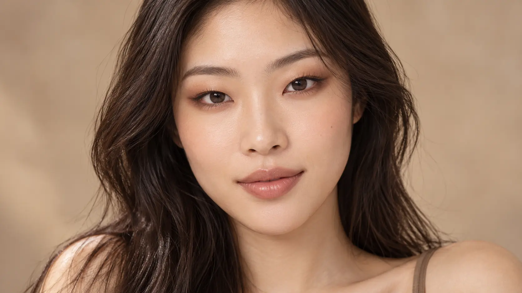 Woman wearing soft brown monolid eye makeup with subtle eyeliner and softly defined lashes.