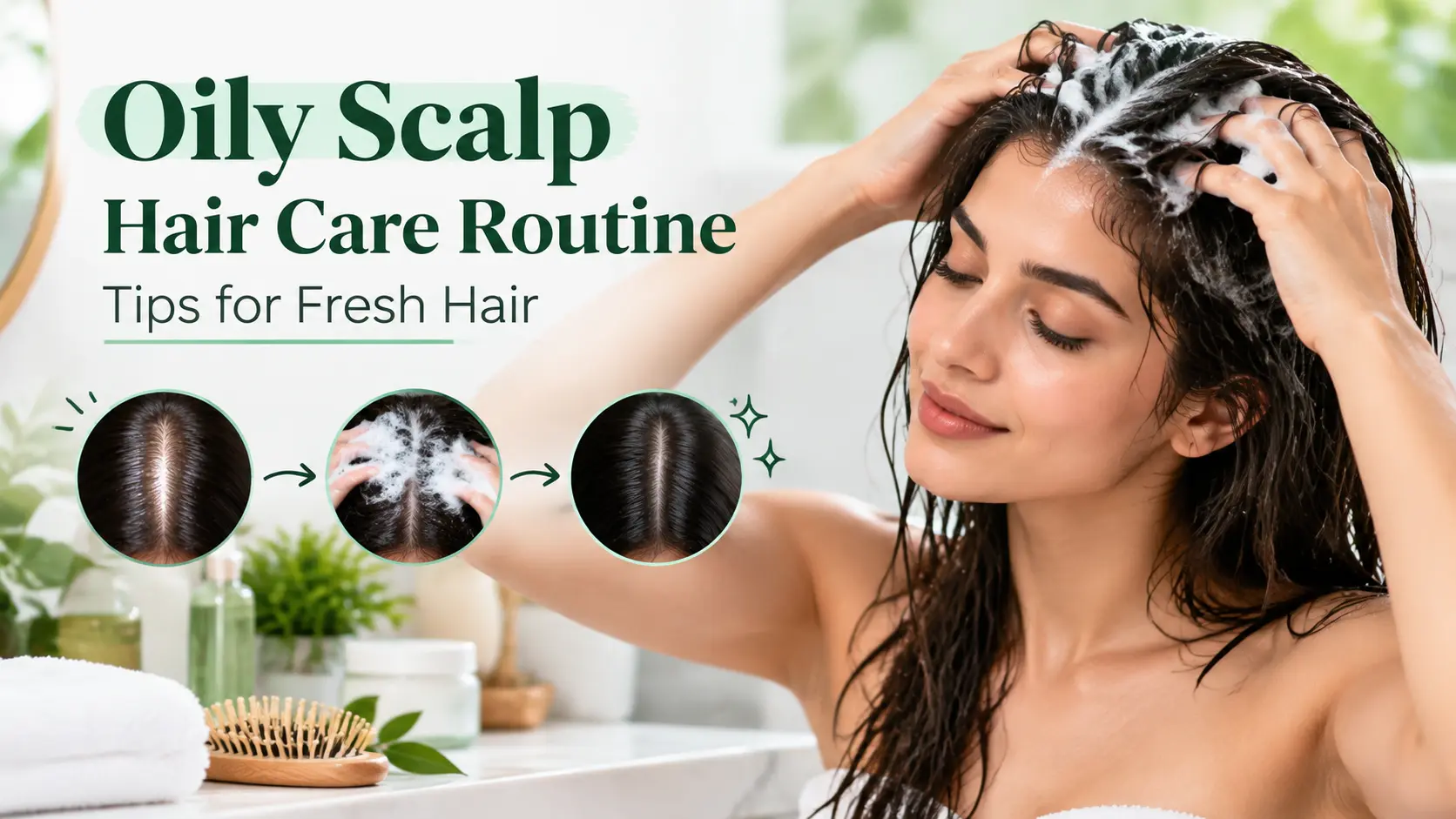 "Woman gently massaging shampoo into her scalp as part of an oily scalp hair care routine for fresh, clean hair."