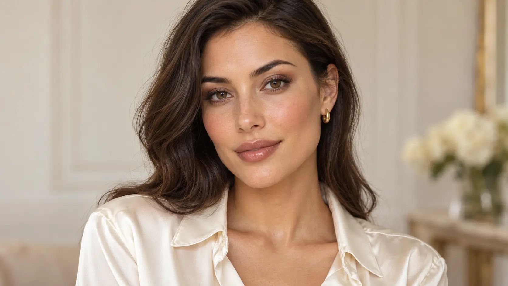 Old money makeup look featuring soft neutral eyeshadow, rosy cheeks, and glossy nude lips, paired with an ivory blouse and gold earrings.