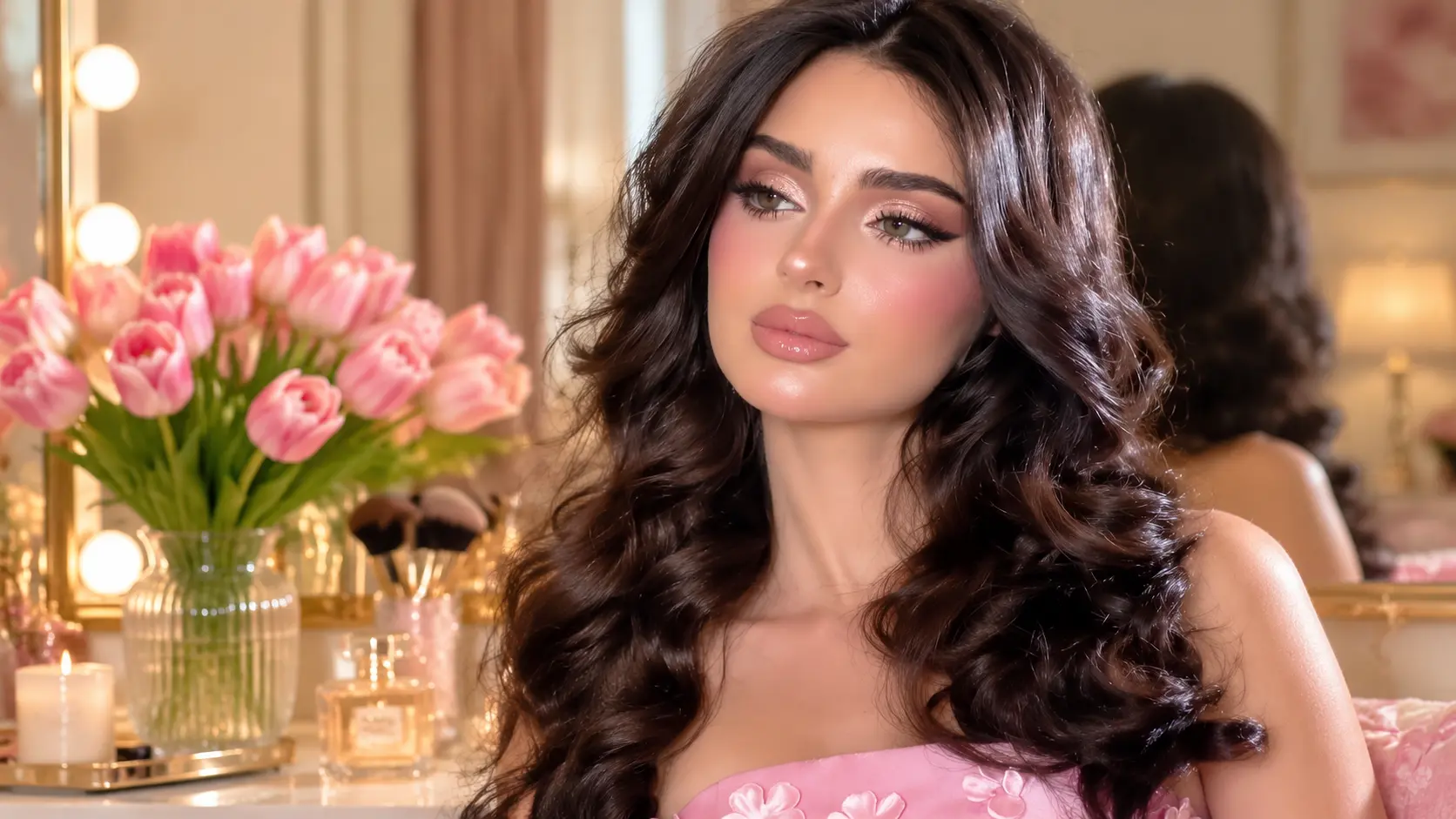 Beautiful soft glam makeup look featuring shimmering pink eyeshadow, rosy blush, glossy nude-pink lips, and voluminous dark waves.